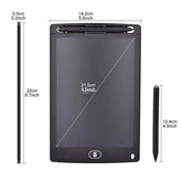Black electronic writing pad with dimensions indicated on a white background